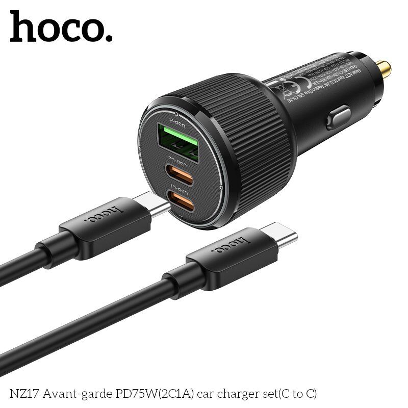 Автомобільний зарядний пристрій HOCO NZ17 Avant-garde 75W 2 TYPE-C PD 25W + 1 USB QC 3.0 18W + КАБЕЛЬ TYPE-C - TYPE-C, ЧОРНИЙ Автомобільний зарядний пристрій HOCO NZ17 Avant-garde 75W 2 TYPE-C PD 25W + 1 USB QC 3.0 18W + КАБЕЛЬ TYPE-C - TYPE-C, ЧОРНИЙ