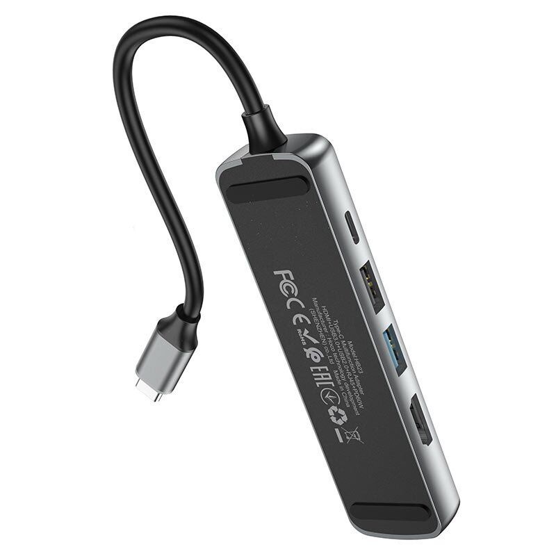 Адаптер HOCO HB23 Type-C 5В1 (HDMI, USB 3.0 та USB 2.0, RJ45 Ethernet, USB Type-C), 13,5см, сірий Адаптер HOCO HB23 Type-C 5В1 (HDMI, USB 3.0 та USB 2.0, RJ45 Ethernet, USB Type-C), 13,5см, сірий
