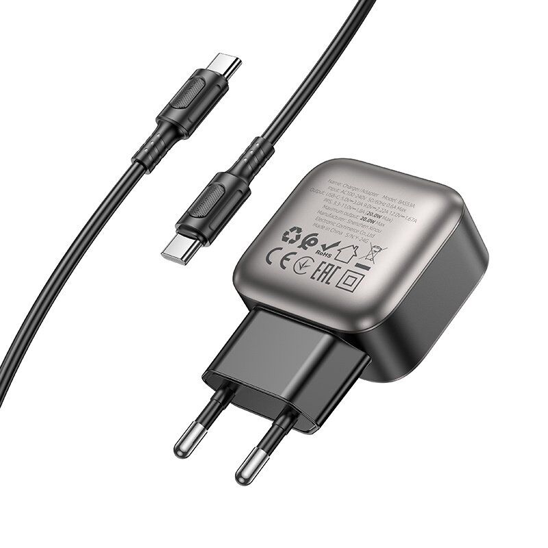 Мережевий зарядний пристрій BOROFONE BAS53A PD 20W USB-C + кабель TYPE-C - TYPE-C, чорний Мережевий зарядний пристрій BOROFONE BAS53A PD 20W USB-C + кабель TYPE-C - TYPE-C, чорний