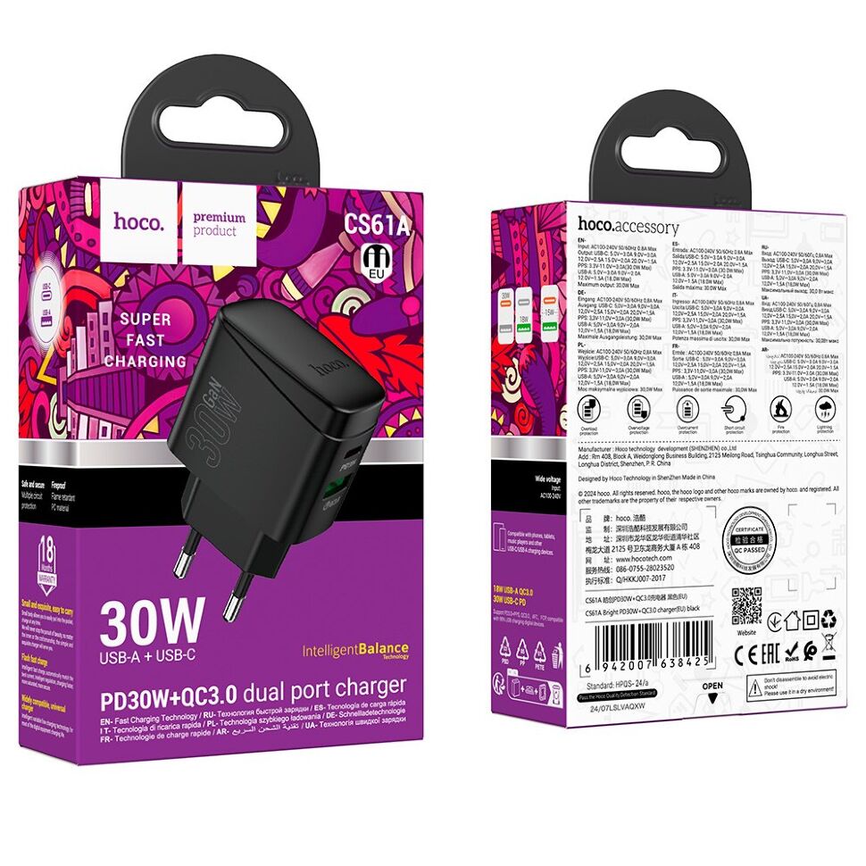 Мережевий зарядний пристрій HOCO CS61A TYPE-C PD 30W + USB QC 3.0, чорний