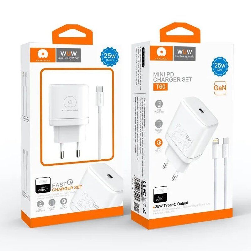 Мережевий зарядний пристрій WUW T60 GaN TYPE-C PD 25W + USB кабель Type-C - Type-C Мережевий зарядний пристрій WUW T60 GaN TYPE-C PD 25W + USB кабель Type-C - Type-C