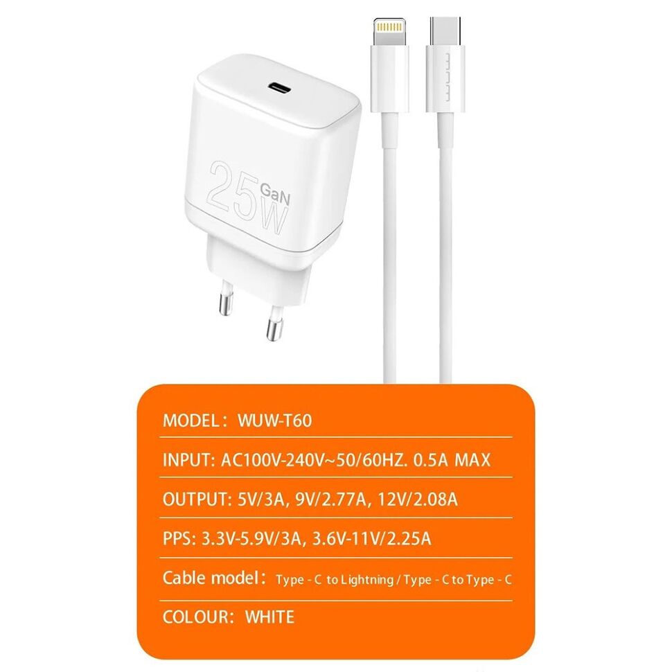 Мережевий зарядний пристрій WUW T60 GaN TYPE-C PD 25W + USB кабель Type-C - Type-C Мережевий зарядний пристрій WUW T60 GaN TYPE-C PD 25W + USB кабель Type-C - Type-C