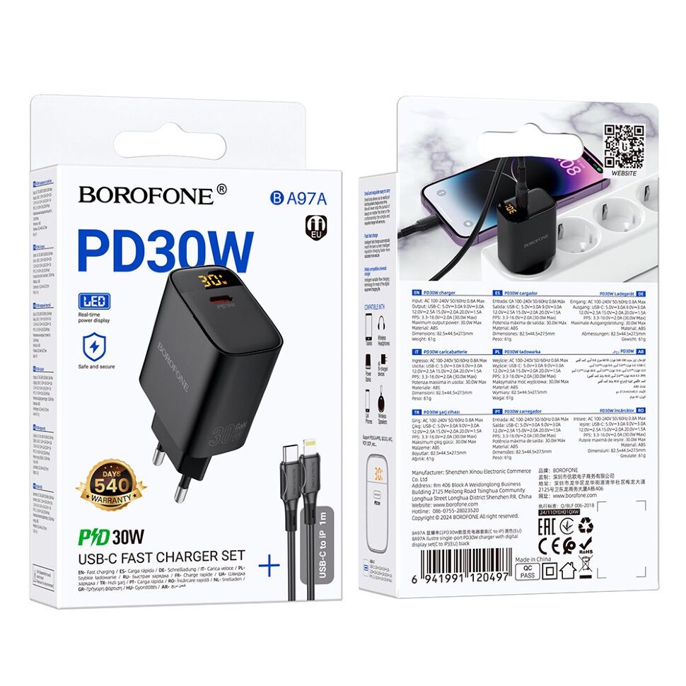 Мережевий зарядний пристрій BOROFONE BA97A TYPE-C PD 30W + кабель TYPE-C - LIGHTNING, чорний Мережевий зарядний пристрій BOROFONE BA97A TYPE-C PD 30W + кабель TYPE-C - LIGHTNING, чорний