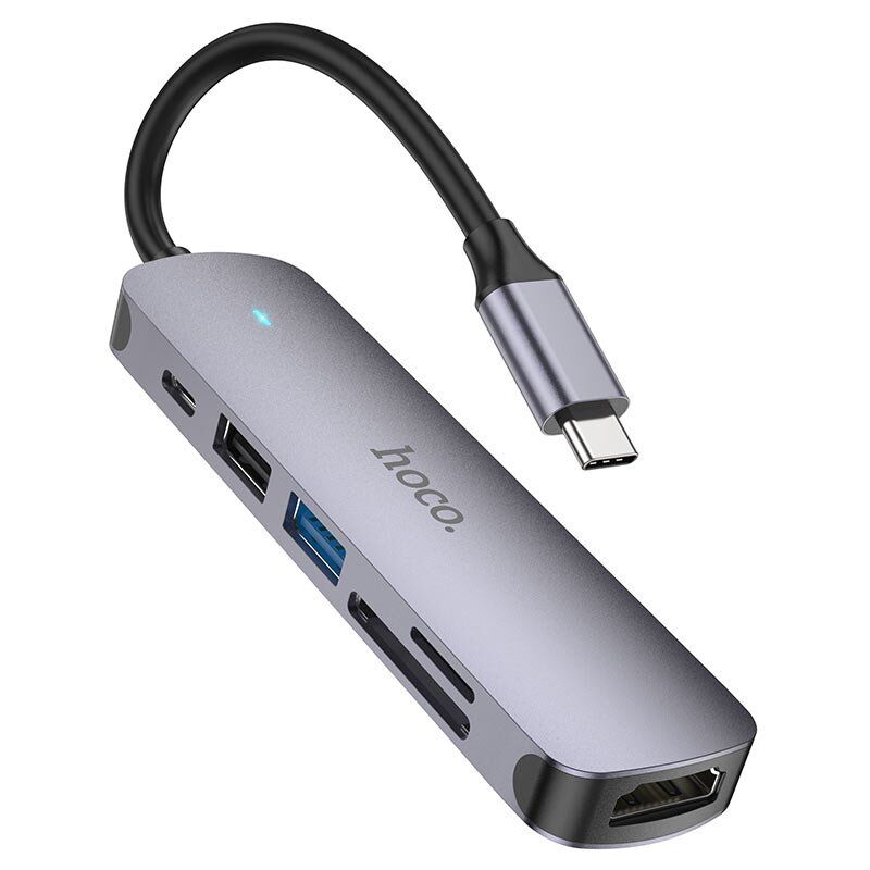 Адаптер HOCO HB28 Type-C 100W 6в1 (HDMI, SD/TF card, USB 2.0, USB 3.0, TYPE-C) 13см, сірий Адаптер HOCO HB28 Type-C 100W 6в1 (HDMI, SD/TF card, USB 2.0, USB 3.0, TYPE-C) 13см, сірий