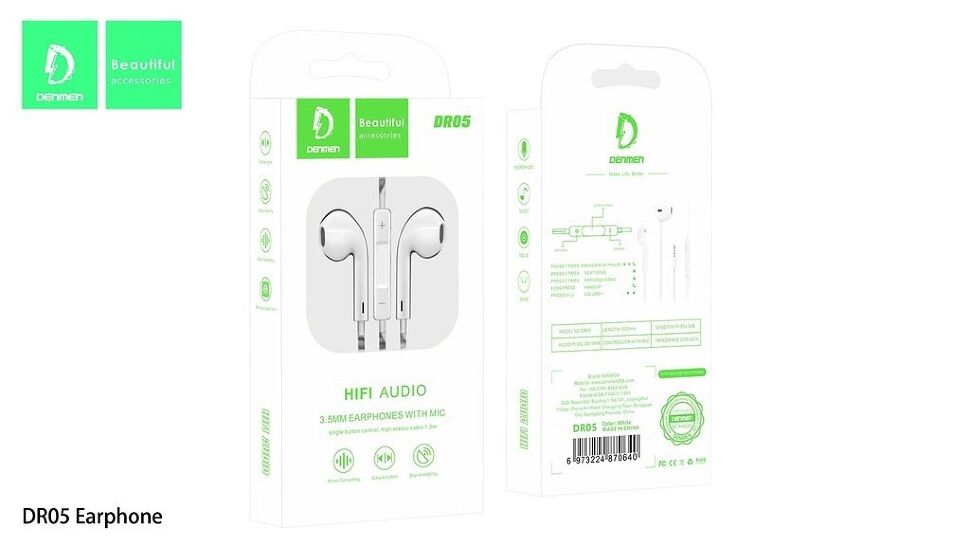 Дротові навушники DENMEN DR05, білий Дротові навушники DENMEN DR05, білий