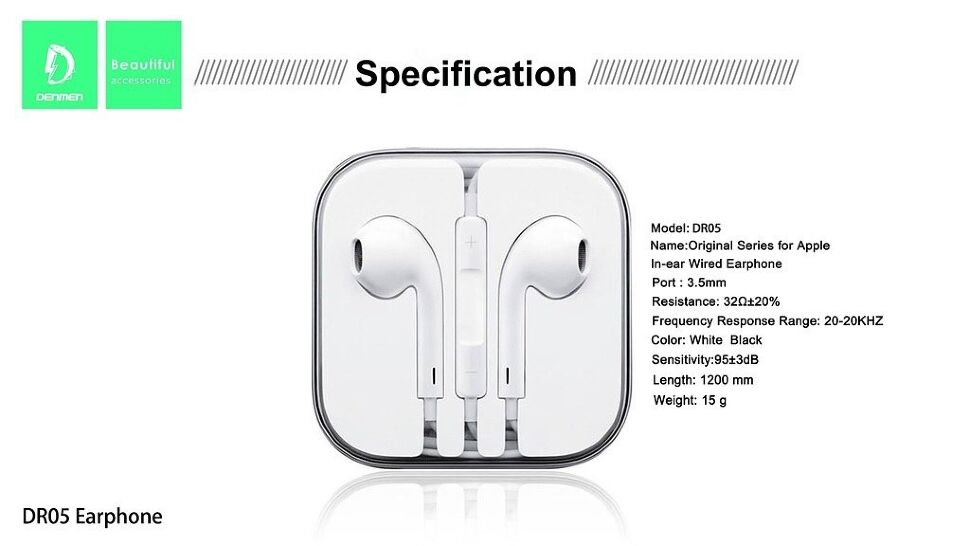 Дротові навушники DENMEN DR05, білий Дротові навушники DENMEN DR05, білий