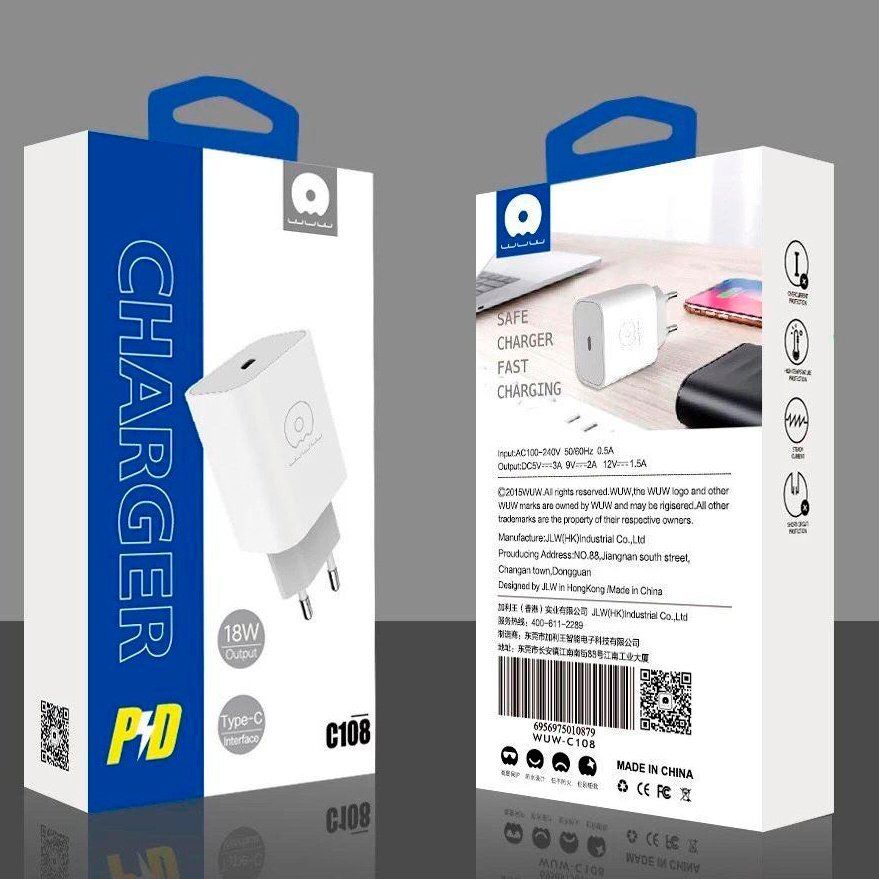 Зарядний пристрій WUW C108 18W USB-C Power Adapter PD 3A FAST CHARGER Зарядний пристрій WUW C108 18W USB-C Power Adapter PD 3A FAST CHARGER