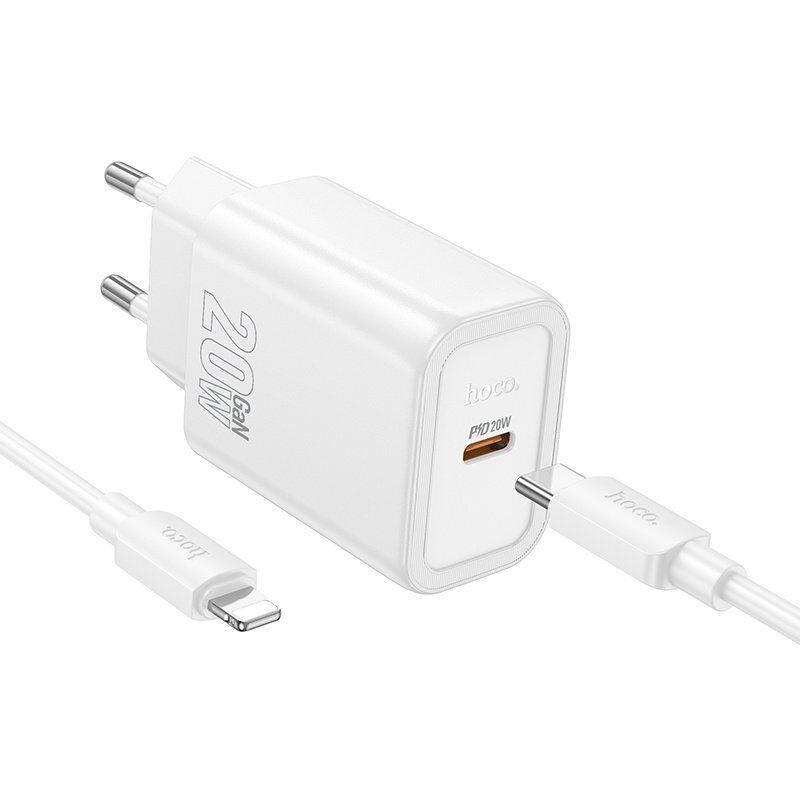 Зарядний пристрій HOCO N60 Gentle, 20 Вт PD, один USB-C порт, комплект з кабелем Type-C to Lightning, EU-вилка, білий