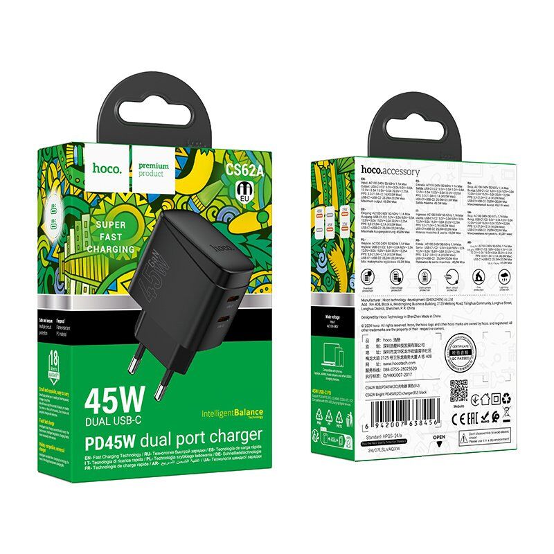 Мережевий зарядний пристрій HOCO CS62A 2*TYPE-C PD 45W, чорний