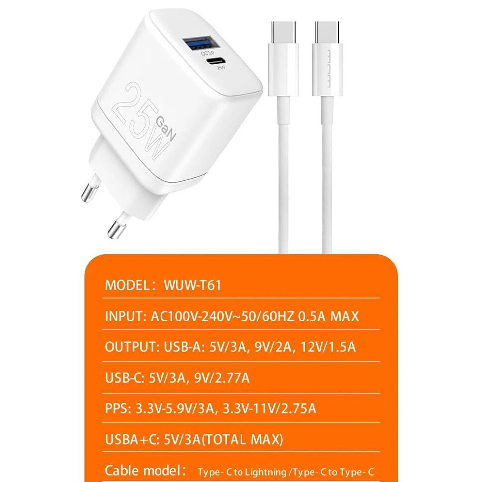 Мережевий зарядний пристрій WUW T61 GaN TYPE-C PD 25W | USB + USB кабель Type-C - Type-C Мережевий зарядний пристрій WUW T61 GaN TYPE-C PD 25W | USB + USB кабель Type-C - Type-C