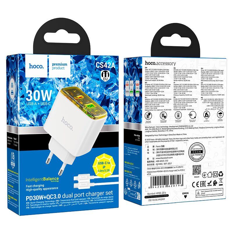 СЗУ HOCO CS42A PD30W+ QC3.0 (1USB/1Type-C) + Type-C - Lightning (32pc) (белый)