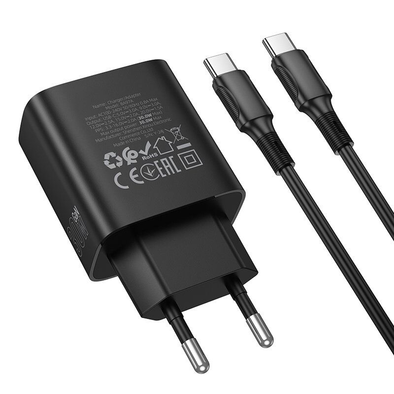 Мережевий зарядний пристрій BOROFONE BA97A TYPE-C PD 30W + кабель TYPE-C - TYPE-C, чорний