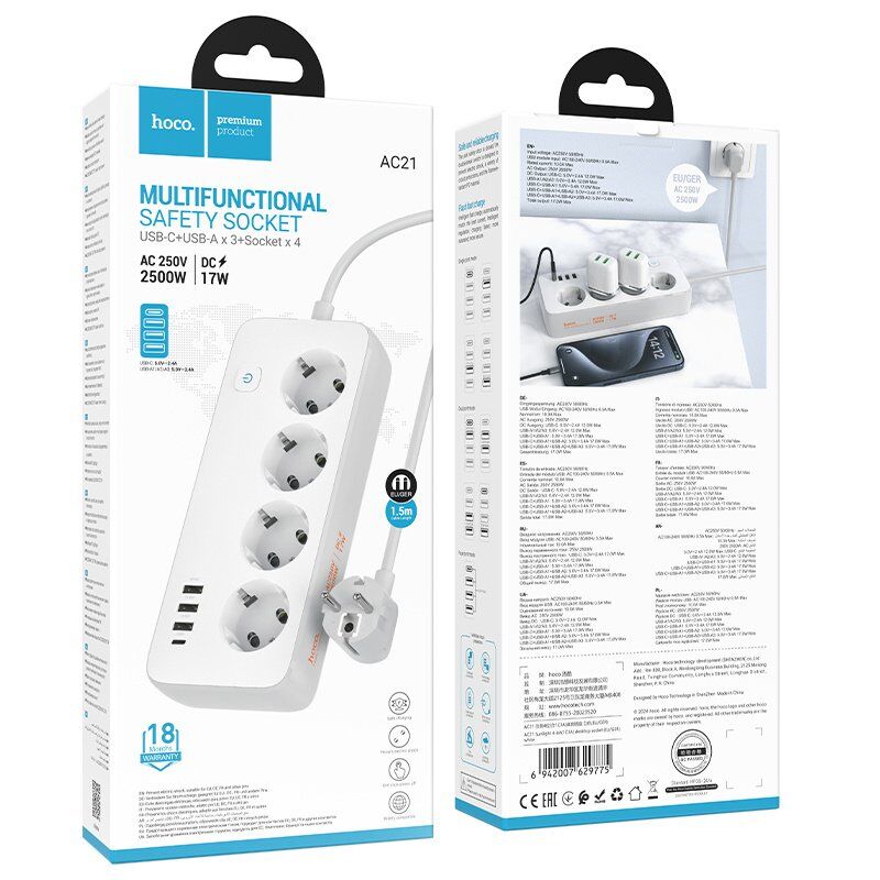Сетевой удлинитель Hoco AC21 (3USB/1Type-C/4xSocket) 1,5м (білий)