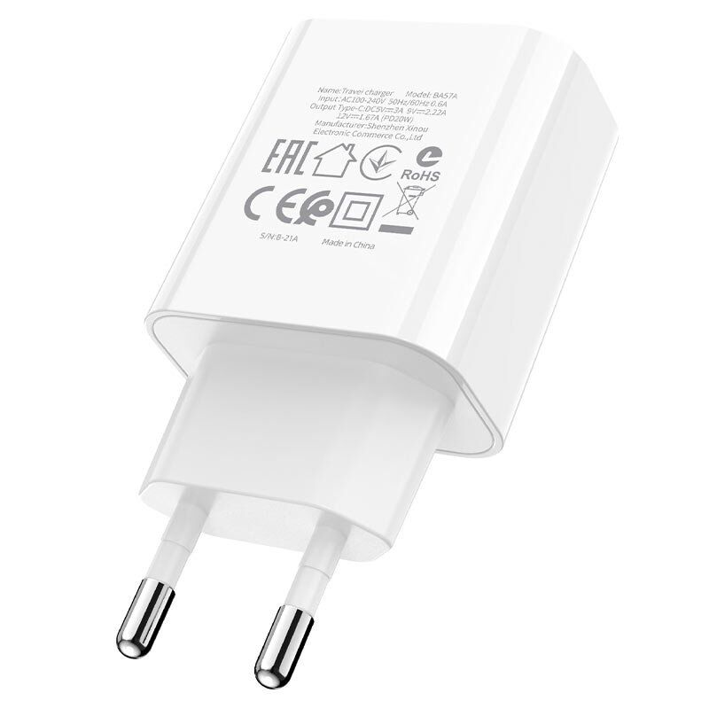 Мережевий зарядний пристрій BOROFONE BA57A Easy Speed single port PD20W USB-C, БІЛИЙ