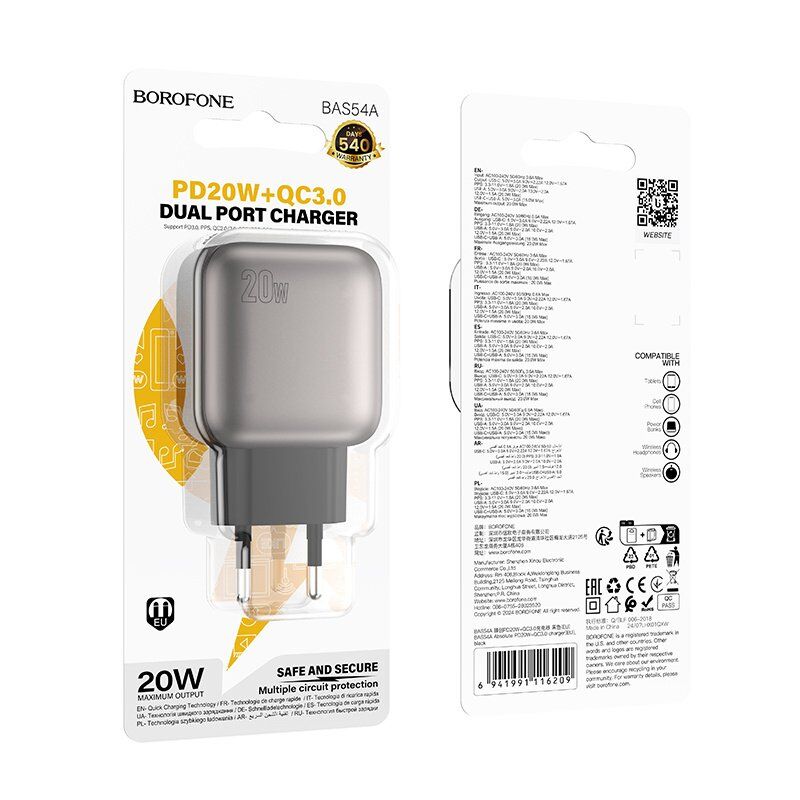 Мережевий зарядний пристрій BOROFONE BAS54A TYPE-C PD 20W + USB QC3.0, чорний Мережевий зарядний пристрій BOROFONE BAS54A TYPE-C PD 20W + USB QC3.0, чорний