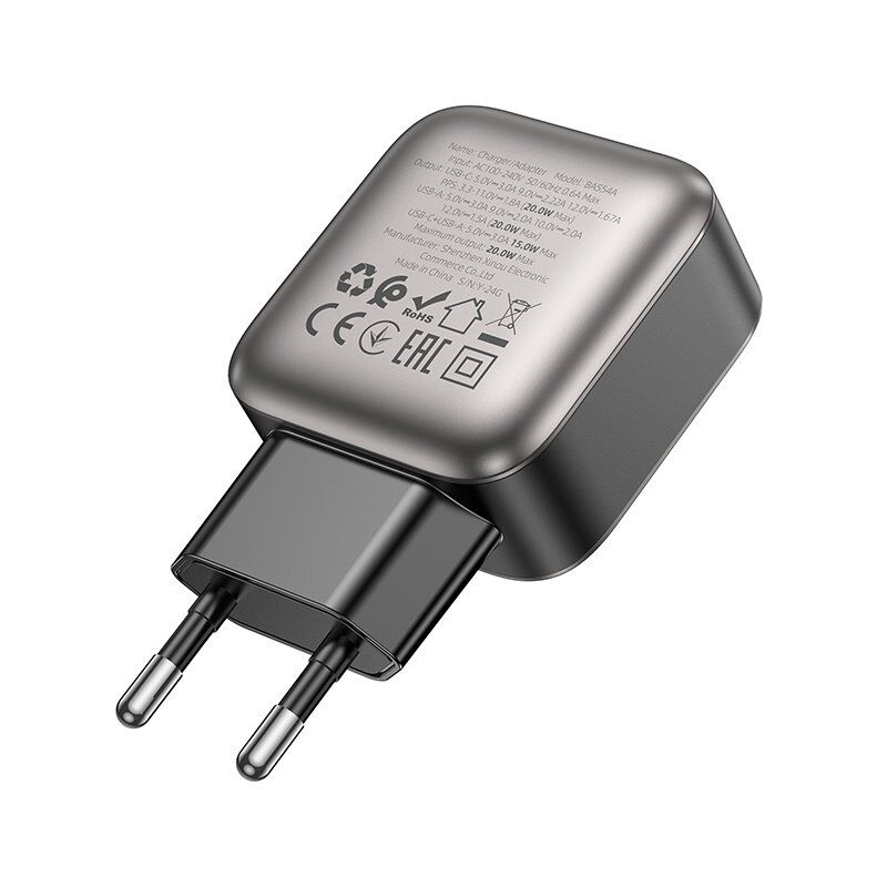 Мережевий зарядний пристрій BOROFONE BAS54A TYPE-C PD 20W + USB QC3.0, чорний Мережевий зарядний пристрій BOROFONE BAS54A TYPE-C PD 20W + USB QC3.0, чорний