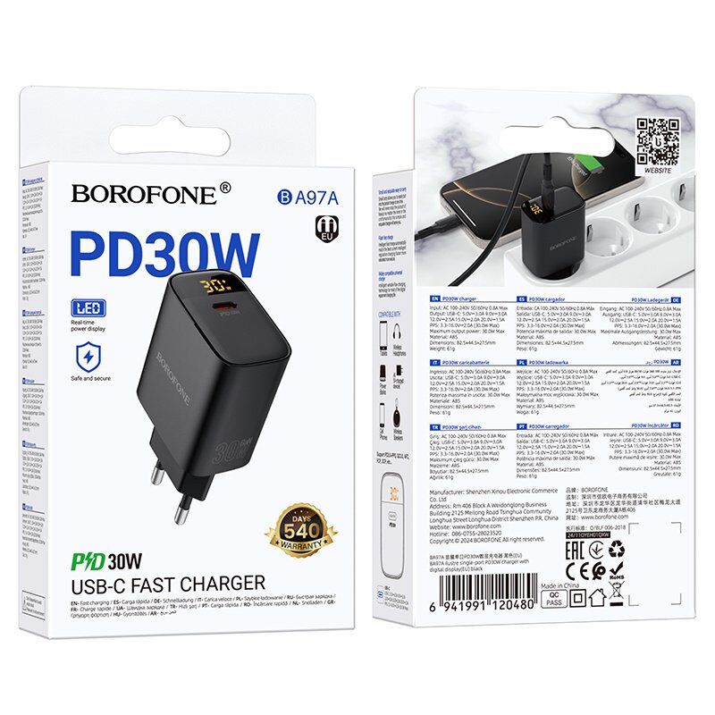 Мережевий зарядний пристрій BOROFONE BA97A TYPE-C PD 30W, чорний Мережевий зарядний пристрій BOROFONE BA97A TYPE-C PD 30W, чорний