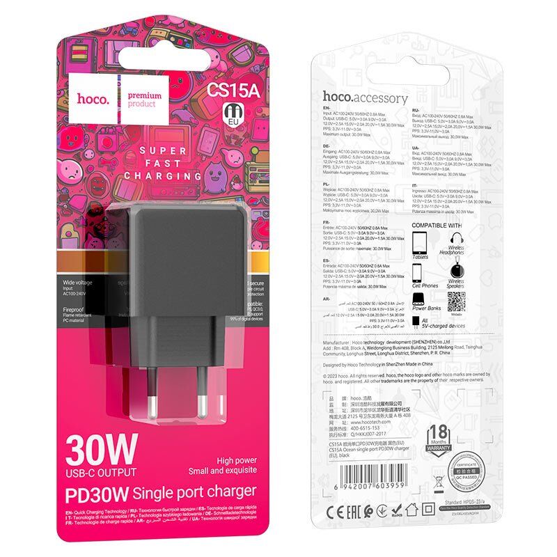 Мережевий зарядний пристрій HOCO CS15A PD 30W TYPE-C ЧОРНИЙ Мережевий зарядний пристрій HOCO CS15A PD 30W TYPE-C ЧОРНИЙ