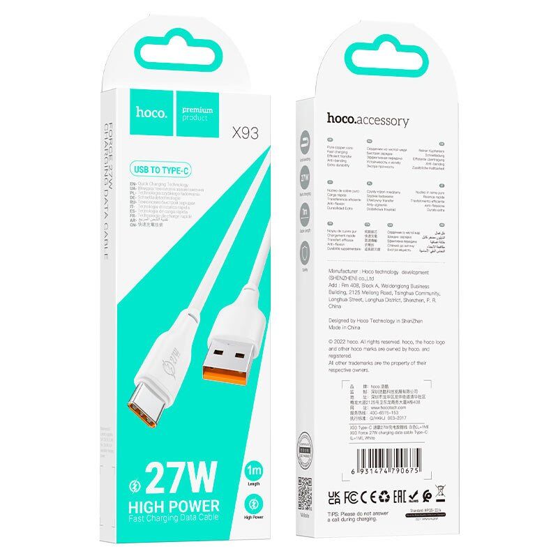 USB кабель HOCO X93 27W USB - Type-C 1 MЕТР БIЛИЙ USB кабель HOCO X93 27W USB - Type-C 1 MЕТР БIЛИЙ