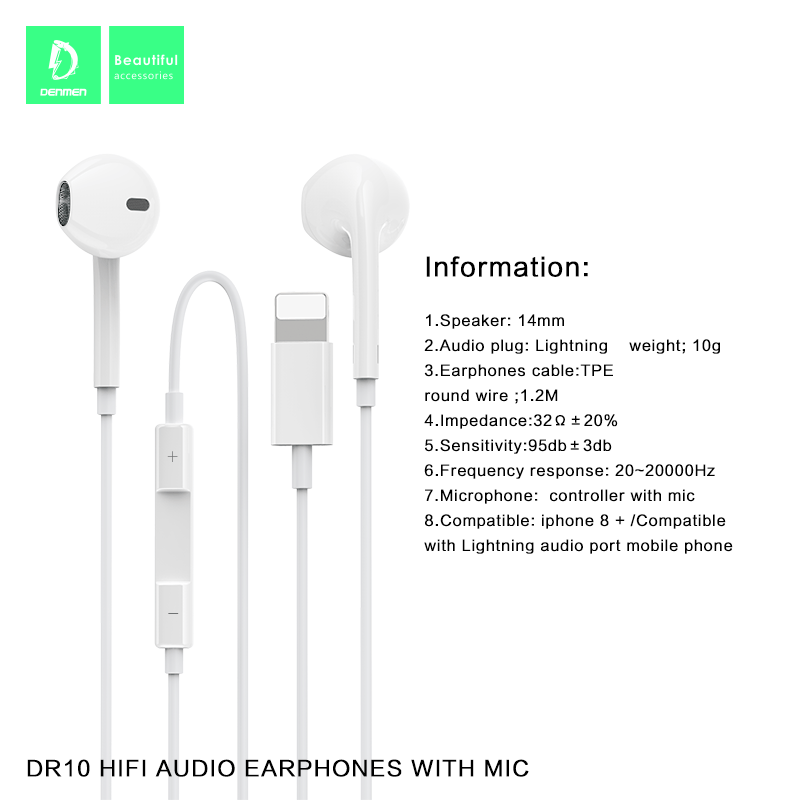 Дротові навушники DENMEN DR10 LIGHTNING, білий Дротові навушники DENMEN DR10 LIGHTNING, білий