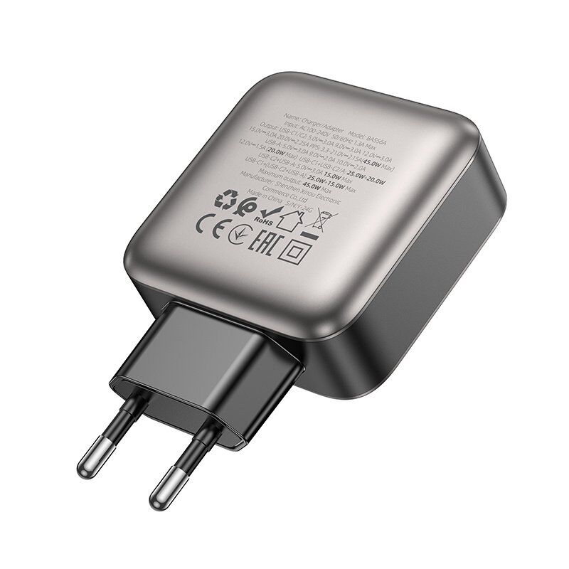 Мережевий зарядний пристрій BOROFONE BAS56A 2 TYPE-C PD 45W + USB QC3.0, чорний Мережевий зарядний пристрій BOROFONE BAS56A 2 TYPE-C PD 45W + USB QC3.0, чорний