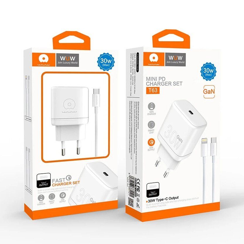 Мережевий зарядний пристрій WUW T63 GaN TYPE-C PD 30W + USB кабель Type-C - Type-C Мережевий зарядний пристрій WUW T63 GaN TYPE-C PD 30W + USB кабель Type-C - Type-C
