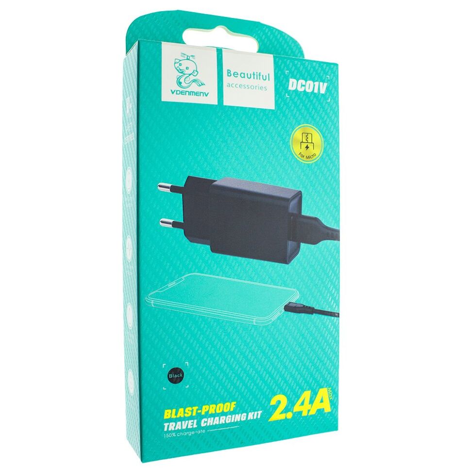 Мережевий зарядний пристрій DENMEN DC01V + CABLE Micro-USB 2.4A 1USB ЧОРНИЙ