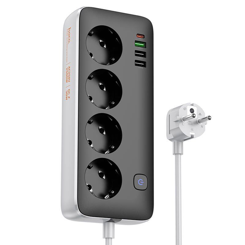 Сетевой удлинитель Hoco AC22 PD20W (3USB/1Type-C/4xSocket) 1,5м (черный) Сетевой удлинитель Hoco AC22 PD20W (3USB/1Type-C/4xSocket) 1,5м (черный)