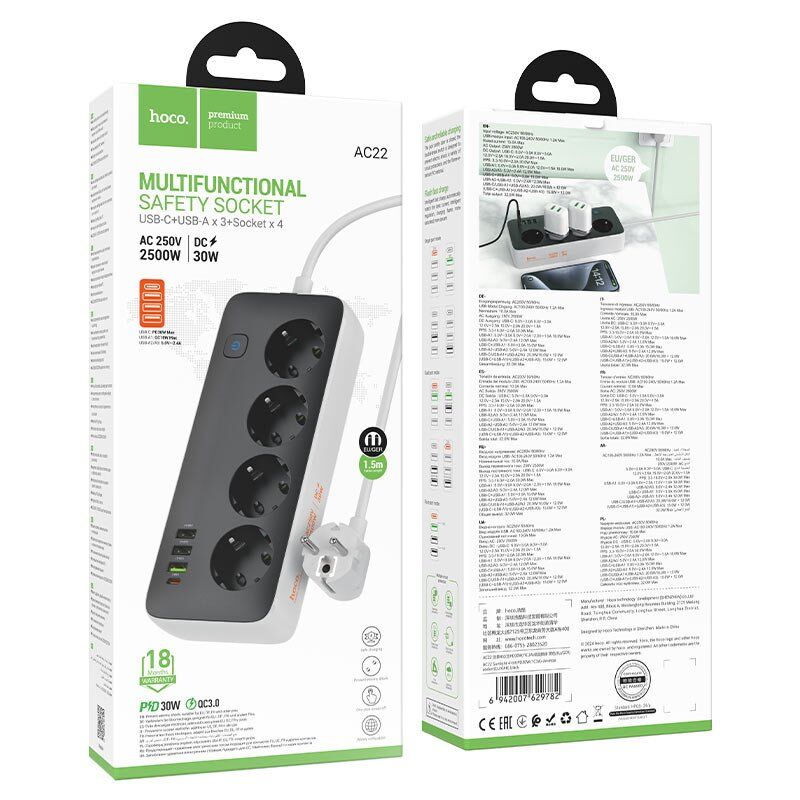 Сетевой удлинитель Hoco AC22 PD20W (3USB/1Type-C/4xSocket) 1,5м (черный) Сетевой удлинитель Hoco AC22 PD20W (3USB/1Type-C/4xSocket) 1,5м (черный)