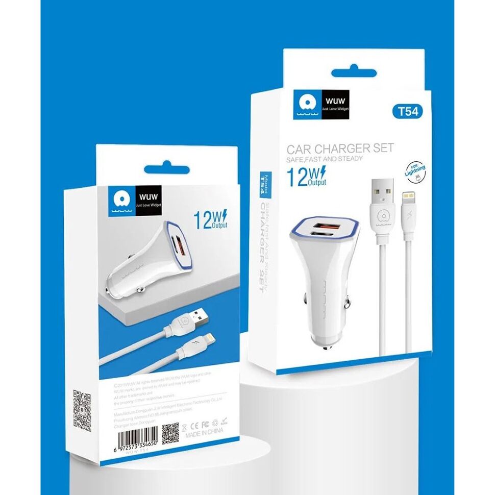 Автомобільний зарядний пристрій WUW T54 USB + TYPE-C 2.4A + кабель USB Lightning (20) Автомобільний зарядний пристрій WUW T54 USB + TYPE-C 2.4A + кабель USB Lightning (20)