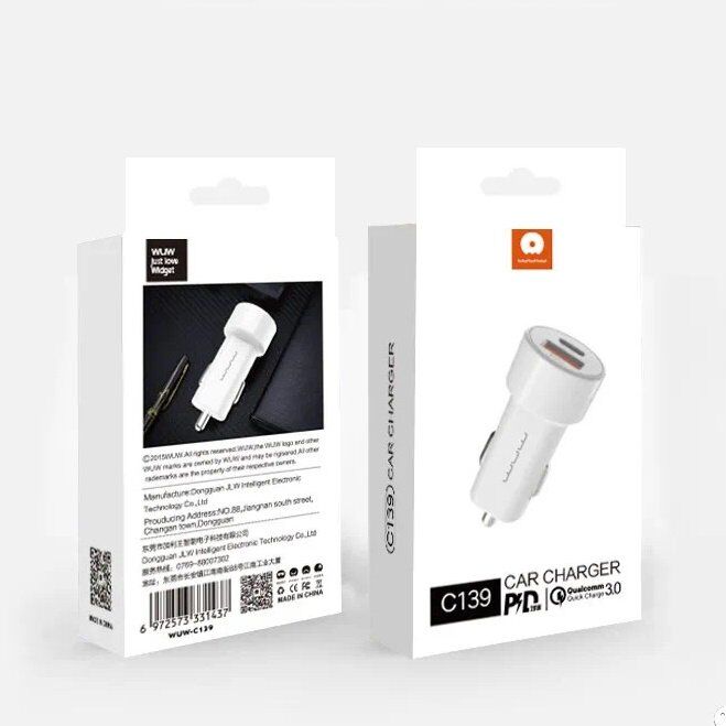 Автомобільний зарядний пристрій WUW C139 TYPE-C PD + USB QC3.0 БІЛИЙ Автомобільний зарядний пристрій WUW C139 TYPE-C PD + USB QC3.0 БІЛИЙ