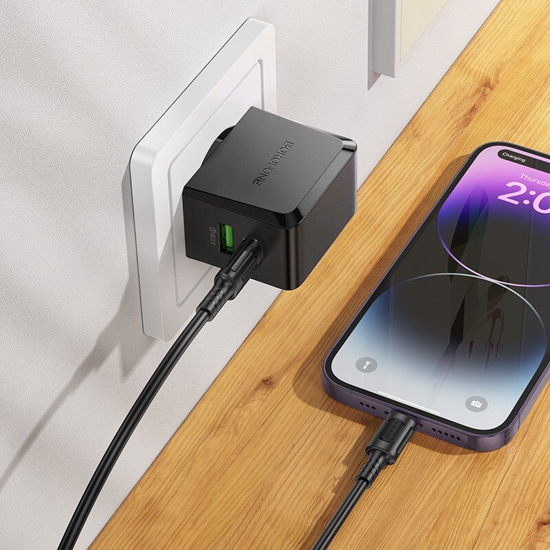 Мережевий зарядний пристрій BOROFONE BAS61A TYPE-C PD 30W + USB QC3.0, чорний Мережевий зарядний пристрій BOROFONE BAS61A TYPE-C PD 30W + USB QC3.0, чорний