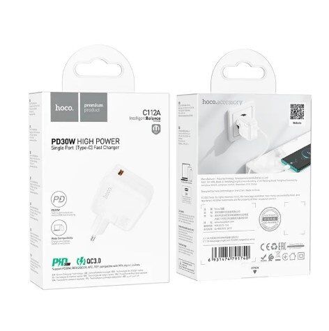 Мережевий зарядний пристрій HOCO C112A TYPE-C PD 30W, БІЛИЙ Мережевий зарядний пристрій HOCO C112A TYPE-C PD 30W, БІЛИЙ