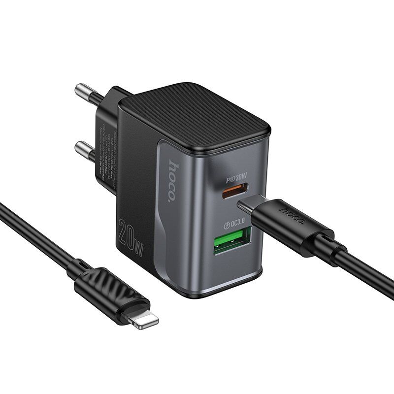 Мережевий зарядний пристрій HOCO CS71A TYPE-C PD 20W + USB QC 3.0 + КАБЕЛЬ TYPE-C - LIGHTNING, чорний Мережевий зарядний пристрій HOCO CS71A TYPE-C PD 20W + USB QC 3.0 + КАБЕЛЬ TYPE-C - LIGHTNING, чорний