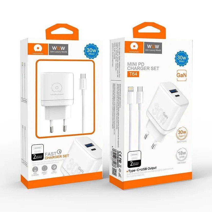 Мережевий зарядний пристрій WUW T64 GaN TYPE-C PD 30W | USB + USB кабель Type-C - Type-C Мережевий зарядний пристрій WUW T64 GaN TYPE-C PD 30W | USB + USB кабель Type-C - Type-C