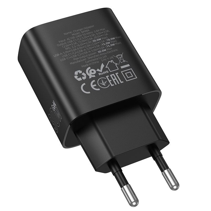 Мережевий зарядний пристрій BOROFONE BA98A TYPE-C*2 PD 30W / USB QC3.0, чорний