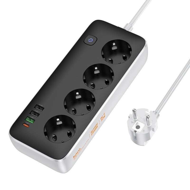Сетевой удлинитель Hoco AC22 PD20W (3USB/1Type-C/4xSocket) 3м (черный) Сетевой удлинитель Hoco AC22 PD20W (3USB/1Type-C/4xSocket) 3м (черный)
