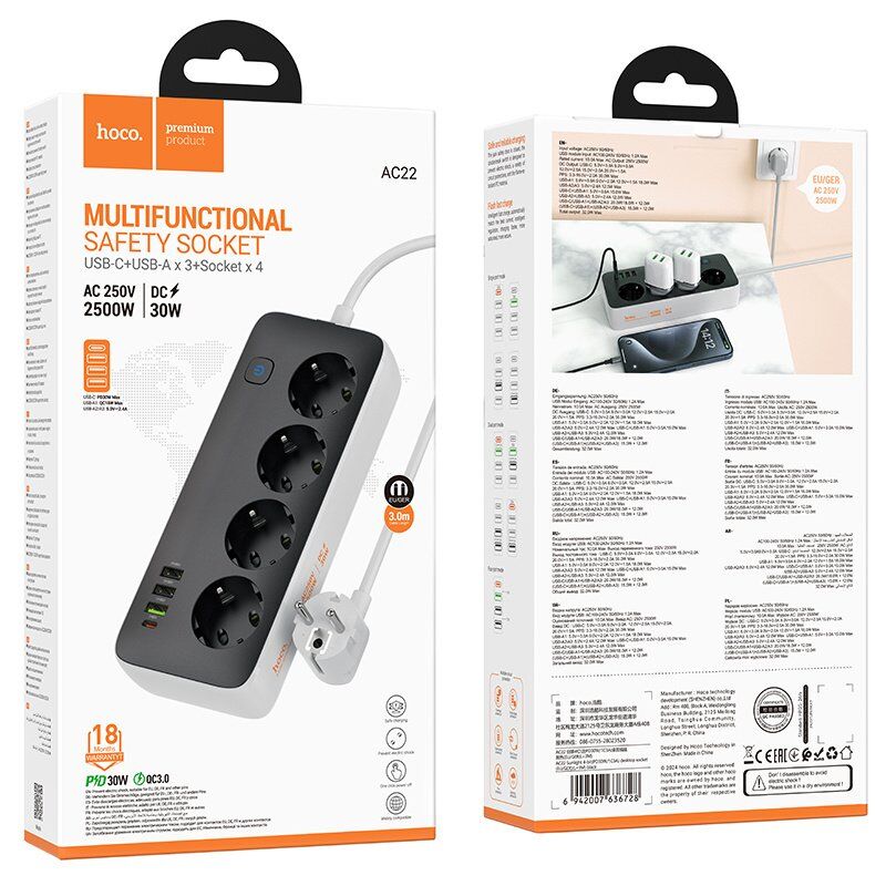 Сетевой удлинитель Hoco AC22 PD20W (3USB/1Type-C/4xSocket) 3м (черный) Сетевой удлинитель Hoco AC22 PD20W (3USB/1Type-C/4xSocket) 3м (черный)