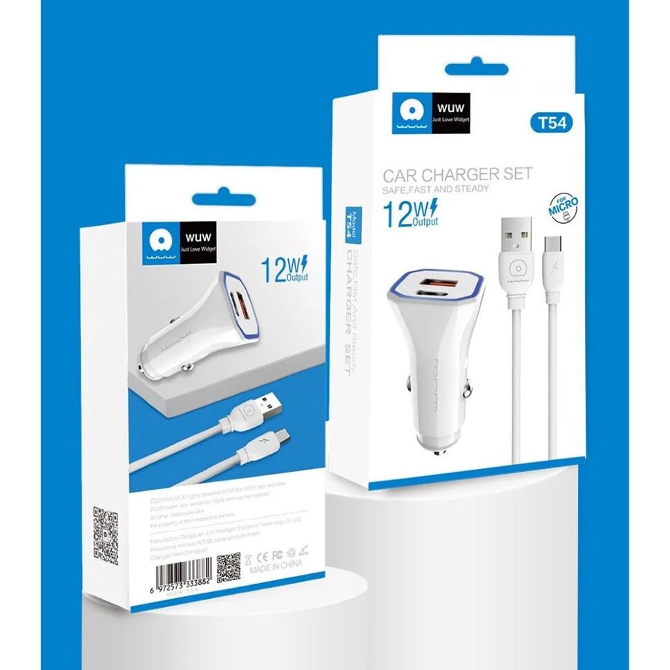 Автомобільний зарядний пристрій WUW T54 USB + TYPE-C 2.4A + кабель USB Micro-USB (20) Автомобільний зарядний пристрій WUW T54 USB + TYPE-C 2.4A + кабель USB Micro-USB (20)