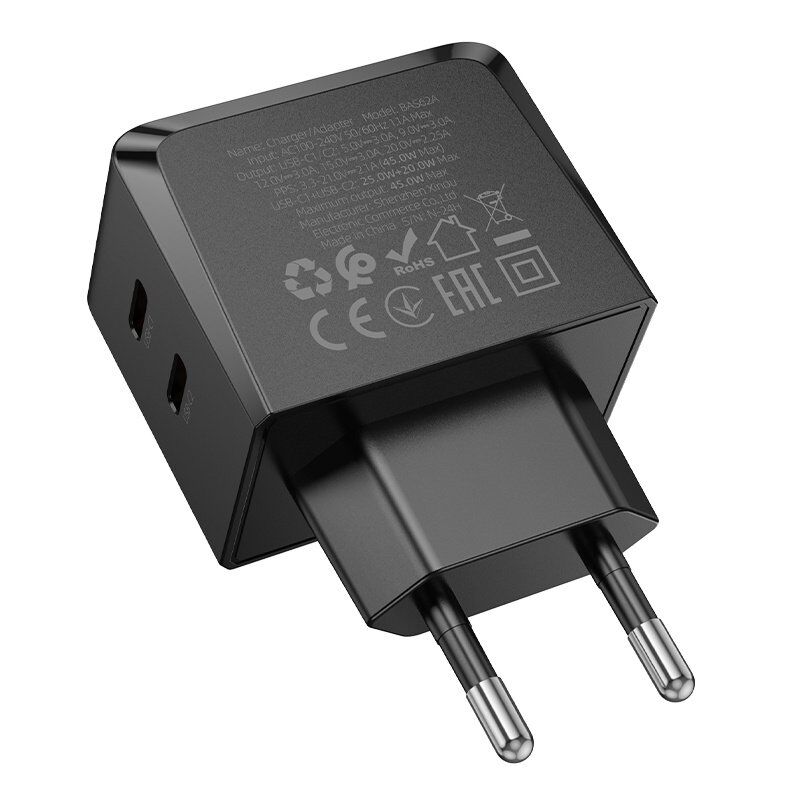 Мережевий зарядний пристрій BOROFONE BAS62A 2 TYPE-C PD 45W, чорний Мережевий зарядний пристрій BOROFONE BAS62A 2 TYPE-C PD 45W, чорний