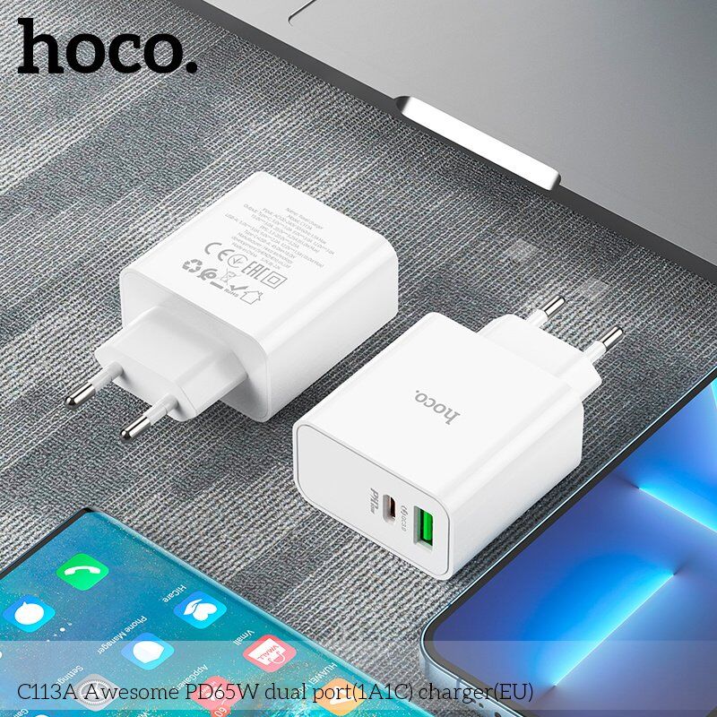 Мережевий зарядний пристрій HOCO C113A TYPE-C PD 65W + QC3.0, БІЛИЙ Мережевий зарядний пристрій HOCO C113A TYPE-C PD 65W + QC3.0, БІЛИЙ