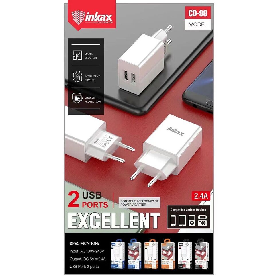 Мережевий зарядний пристрій INKAX CD-98 2.4A | 2 USB port + USB кабель Lightning for IPhone Мережевий зарядний пристрій INKAX CD-98 2.4A | 2 USB port + USB кабель Lightning for IPhone