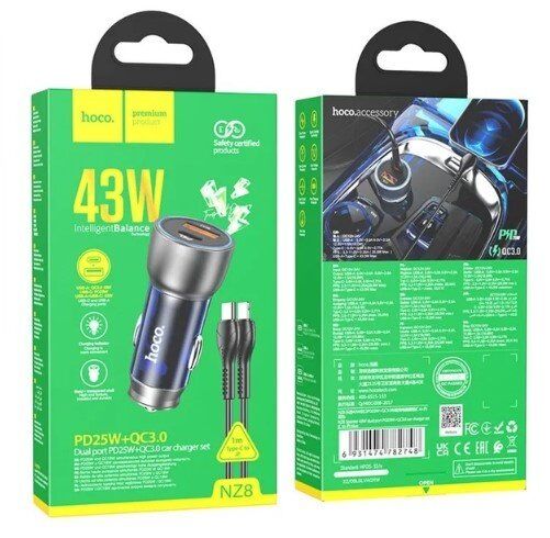 Автомобільний зарядний пристрій HOCO NZ8 TYPE-C PD 25W / USB QC 3.0 + КАБЕЛЬ TYPE-C - LIGHTNING, СИНIЙ