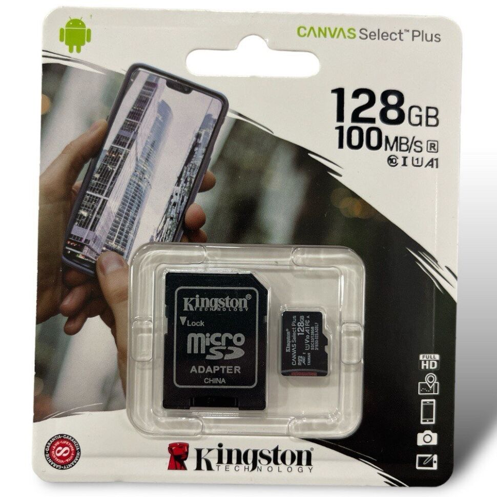 Карта пам'яті micro 128Gb Kingston Canvas Select Plus 10 A1 SDXC UHS-1 (R-100MB/s) ADAPTER SD Карта пам'яті micro 128Gb Kingston Canvas Select Plus 10 A1 SDXC UHS-1 (R-100MB/s) ADAPTER SD