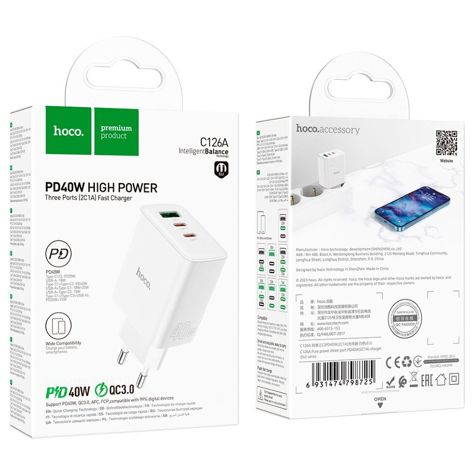 Мережевий зарядний пристрій HOCO C126A TYPE-C PD 40W + QC3.0, БІЛИЙ Мережевий зарядний пристрій HOCO C126A TYPE-C PD 40W + QC3.0, БІЛИЙ