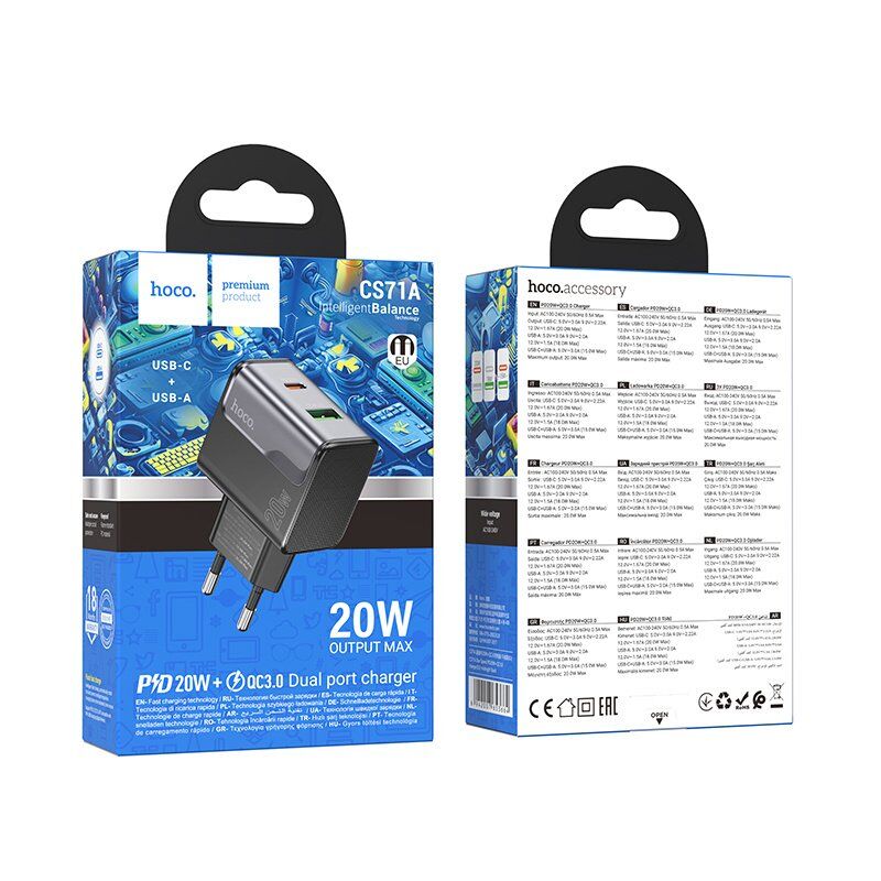 Мережевий зарядний пристрій HOCO CS71A TYPE-C PD 20W + USB QC 3.0, чорний Мережевий зарядний пристрій HOCO CS71A TYPE-C PD 20W + USB QC 3.0, чорний