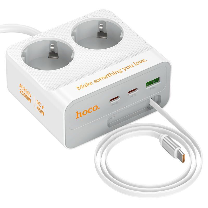 Мережевий подовжувач HOCO AC28 PD 45W (1×USB / 3×Type-C / 2×Socket), 2 м, білий Мережевий подовжувач HOCO AC28 PD 45W (1×USB / 3×Type-C / 2×Socket), 2 м, білий