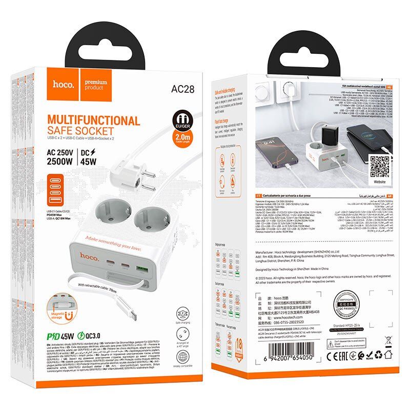 Мережевий подовжувач HOCO AC28 PD 45W (1×USB / 3×Type-C / 2×Socket), 2 м, білий Мережевий подовжувач HOCO AC28 PD 45W (1×USB / 3×Type-C / 2×Socket), 2 м, білий