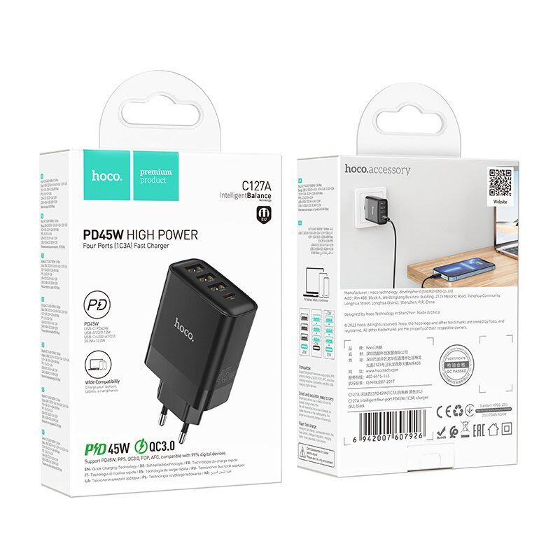 Мережевий зарядний пристрій HOCO C127A TYPE-C PD 45W + 3*USB QC3.0, чорний Мережевий зарядний пристрій HOCO C127A TYPE-C PD 45W + 3*USB QC3.0, чорний