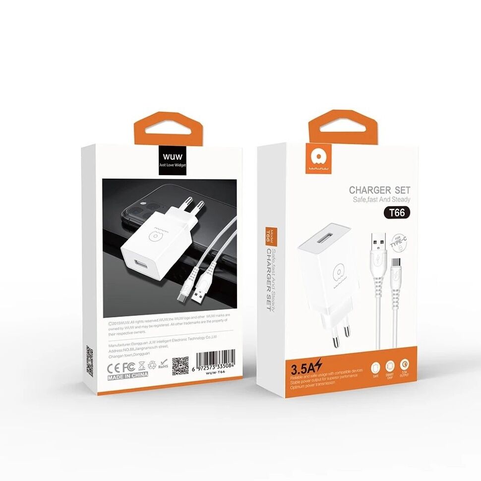 Мережевий зарядний пристрій WUW T66 2A + USB кабель Type-C Мережевий зарядний пристрій WUW T66 2A + USB кабель Type-C